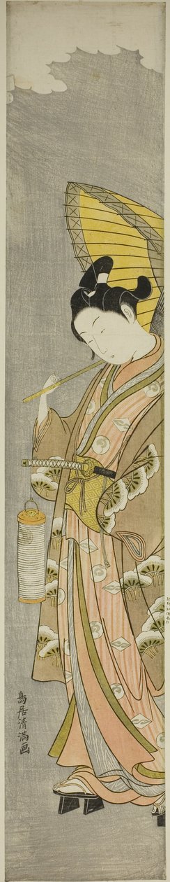 Giovane uomo con ombrello e lanterna in mano da Torii Kiyomitsu I