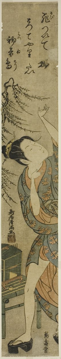 Giovane donna che libera un uccello da Torii Kiyomitsu I