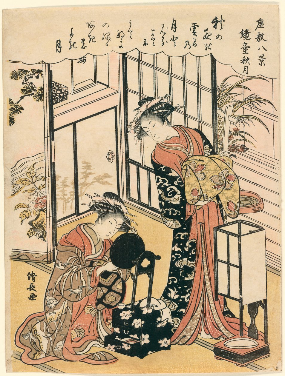 Uno specchio su un supporto che suggerisce la luna autunnale (Kyodai no shugetsu), dalla serie "Otto scene del salotto (Zashiki hakkei)" da Torii Kiyonaga