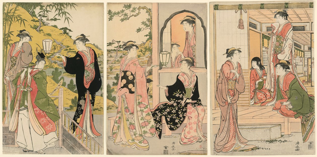 Una versione moderna di Ushiwakamaru che serenata la Principessa Joruri da Torii Kiyonaga