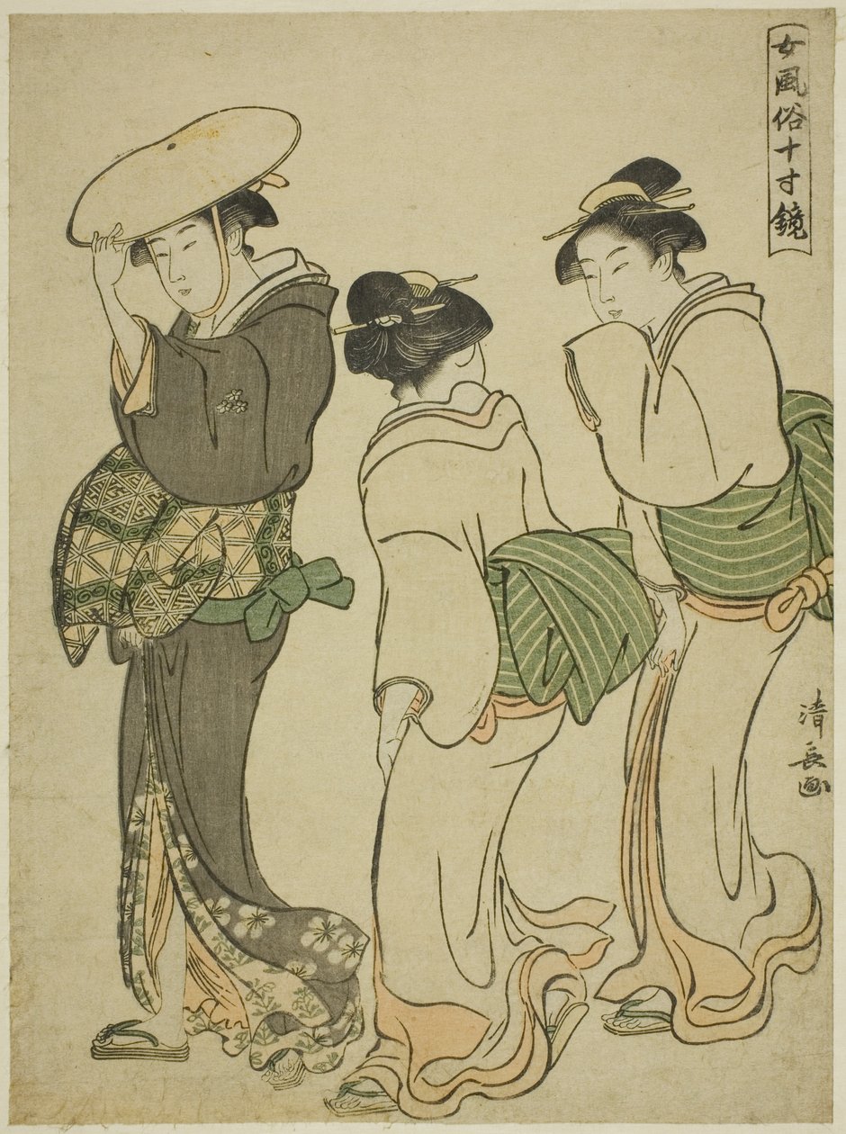 Una donna e due cameriere, dalla serie "Uno specchio di modi femminili (Onna fuzoku masu kagami)" da Torii Kiyonaga