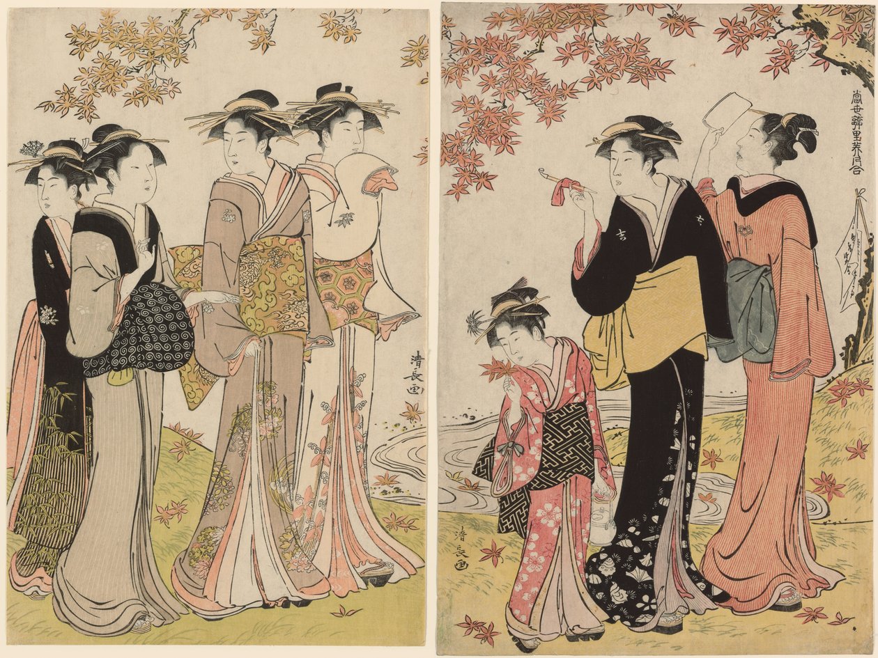 Bellezze Sotto un Acero, dalla serie "Una Collezione di Bellezze Contemporanee dei Quartieri del Piacere" da Torii Kiyonaga