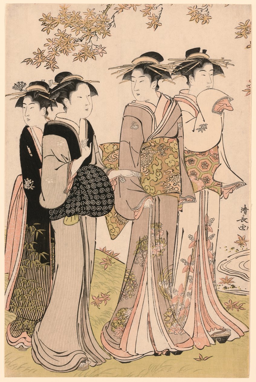 Bellezze Sotto un Acero, dalla serie "Una Collezione di Bellezze Contemporanee dei Quartieri del Piacere" da Torii Kiyonaga