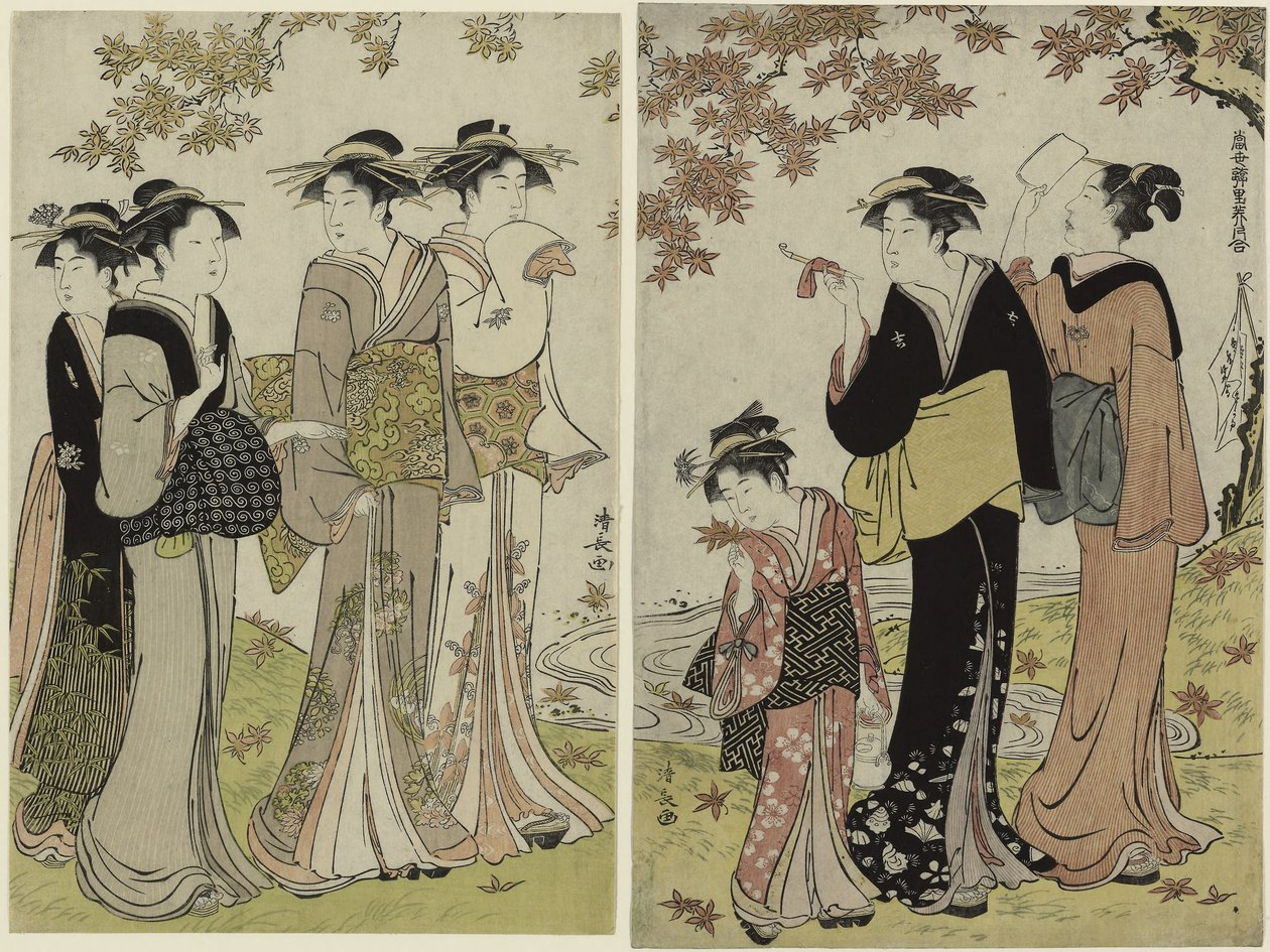 Bellezze sotto un acero, dalla serie "Una collezione di bellezze contemporanee dei quartieri del piacere" da Torii Kiyonaga