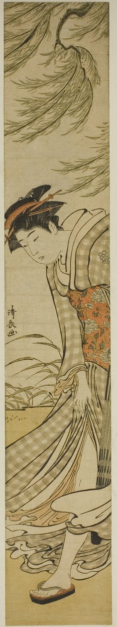 Cortigiana che cammina sotto un salice in una giornata ventosa da Torii Kiyonaga