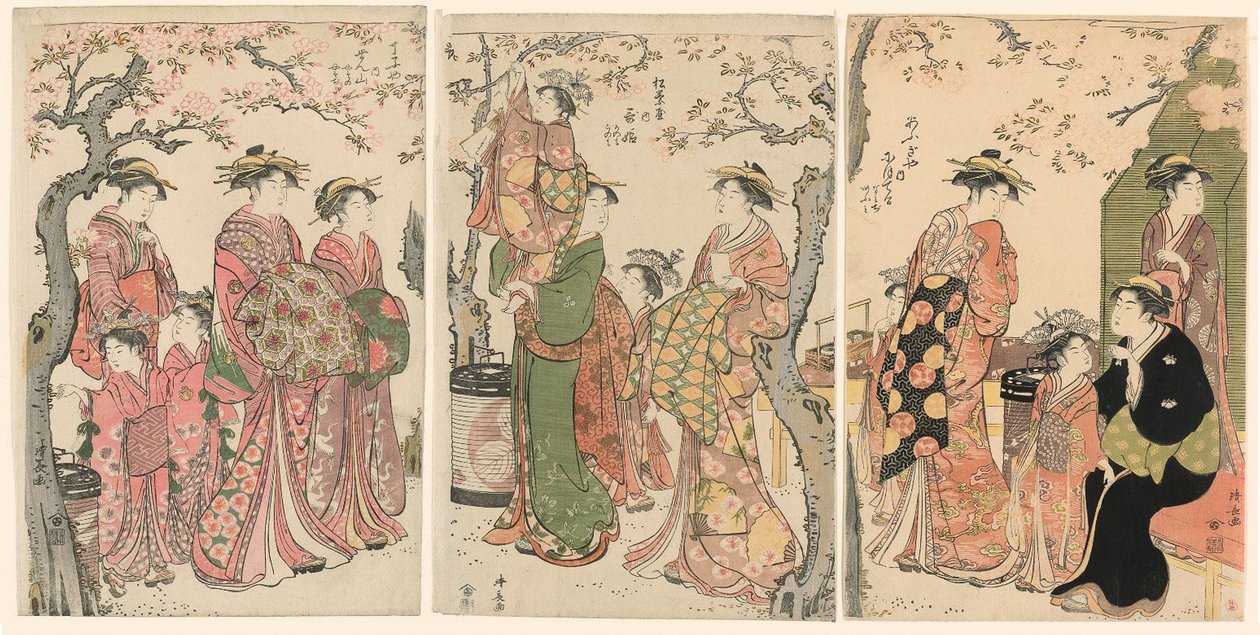 Cortigiane e i loro bambini sotto ciliegi in fiore da Torii Kiyonaga