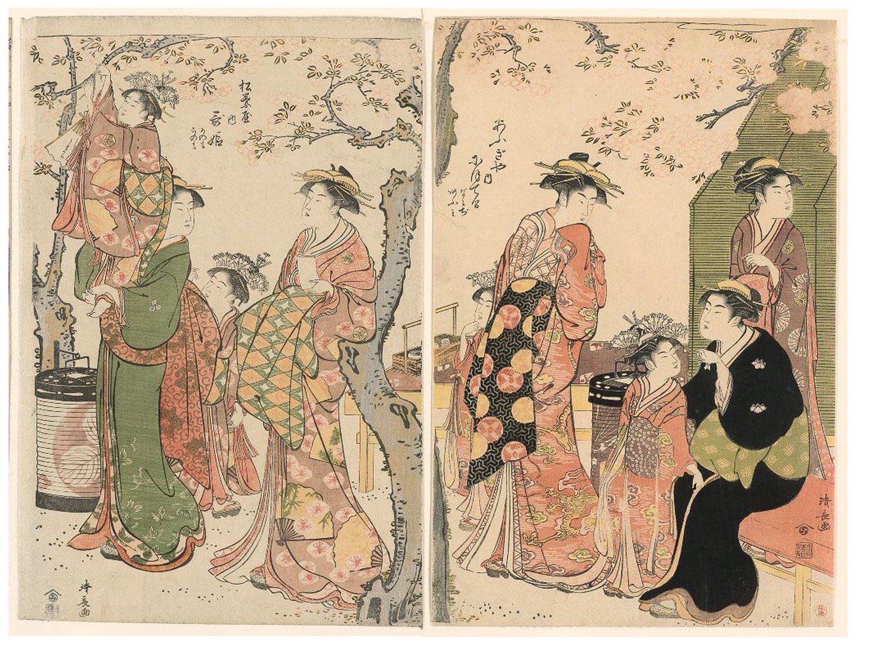 Cortigiane e i loro bambini sotto alberi di ciliegio in fiore da Torii Kiyonaga