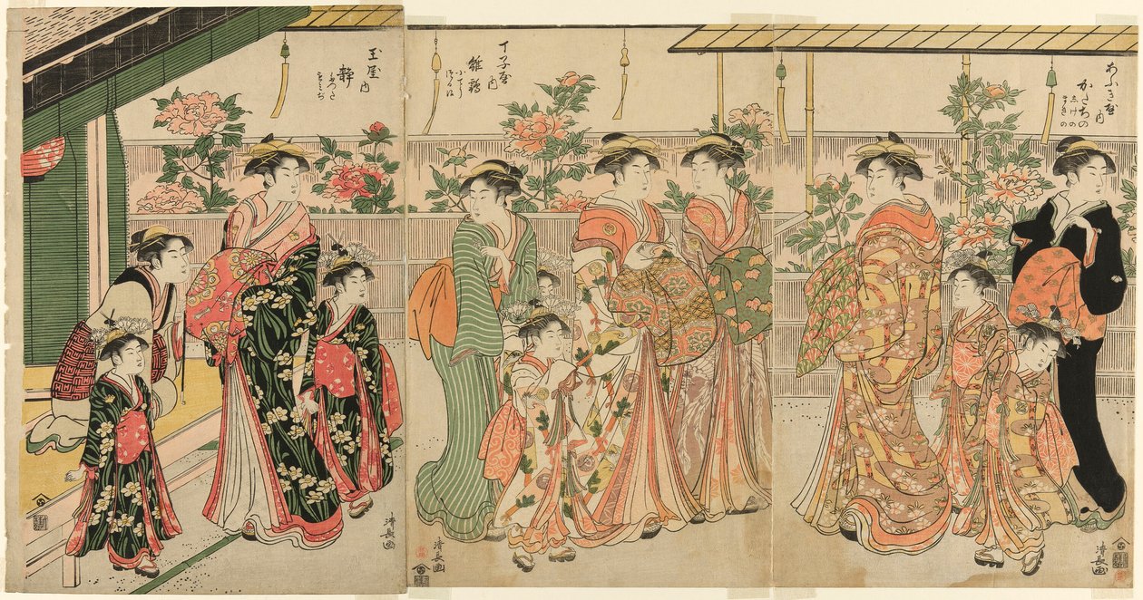 Cortigiane di Yoshiwara e i loro attendenti che osservano le peonie su Nakanocho da Torii Kiyonaga
