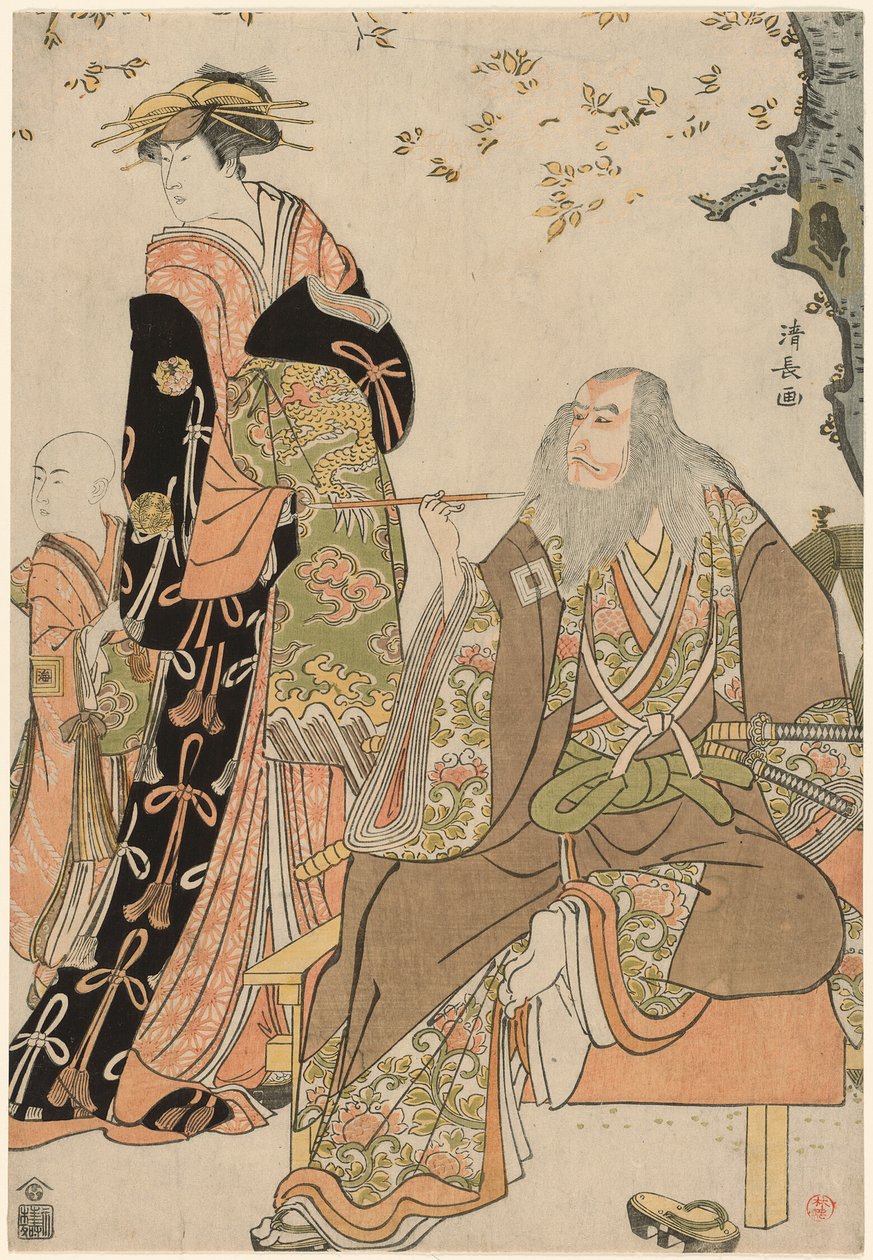 Gli attori Ichikawa Danjuro V nel ruolo di Hige no Ikyu, Nakamura Riko nel ruolo di Agemaki e Ichikawa Ebizo nel ruolo dell