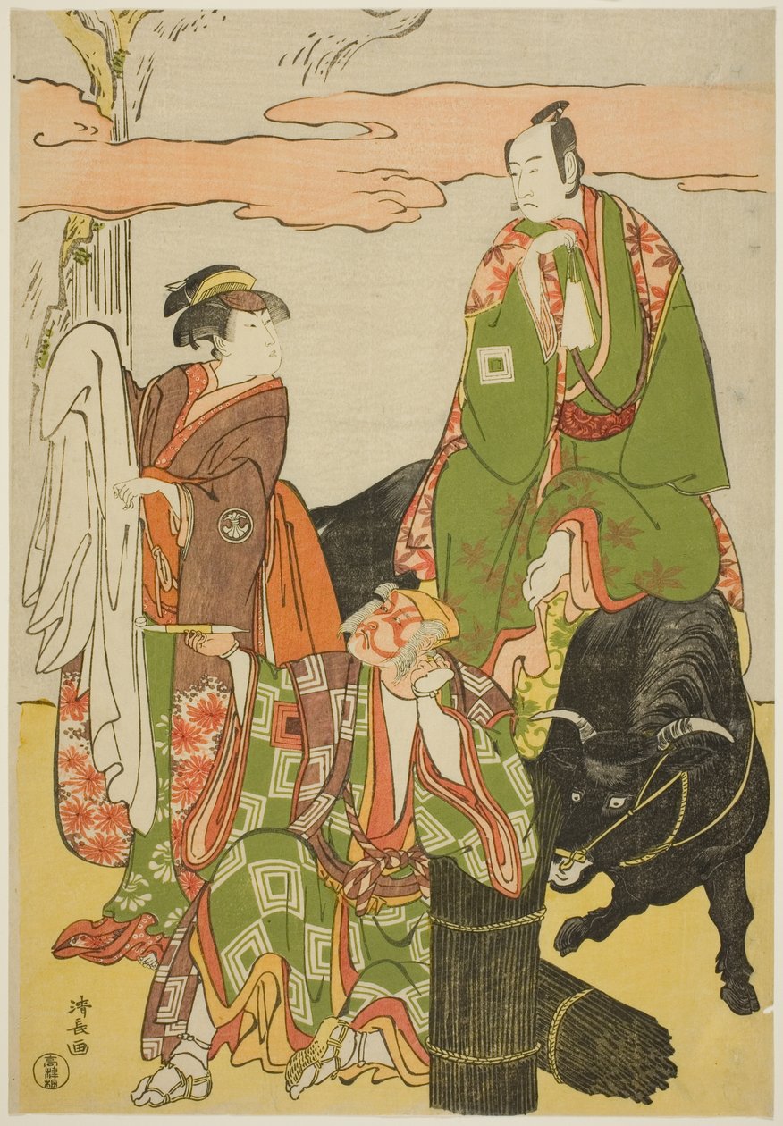 Gli attori Ichikawa Monnosuke II come Miyukinosuke, Segawa Kikunojo III come Hatsune-hime, e Ichikawa Danjuro V come Ninnaji no Saibei, nel joruri "Shitenno Oe no Yamairi," rappresentato al Teatro Kiri nell