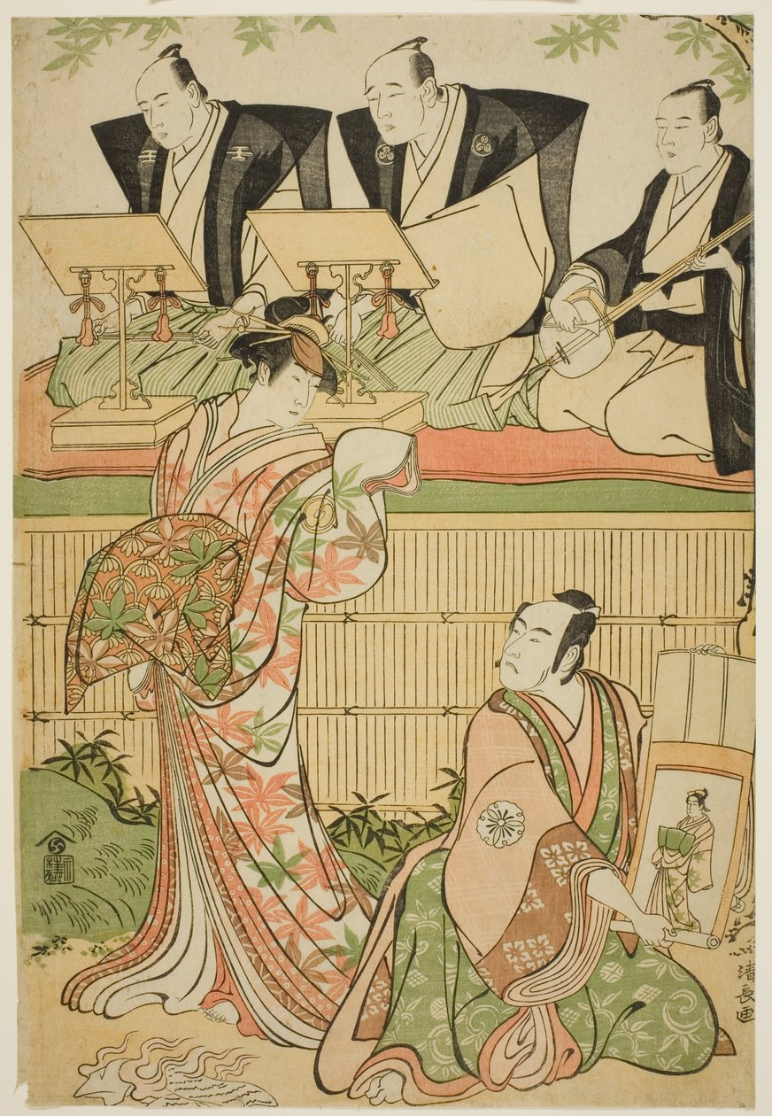 Gli attori Matsumoto Koshiro IV come Ukita Sakingo e Sawamura Sojuro III come il fantasma della cortigiana Takao, nella commedia "Ominaeshi Sugata no Hatsuaki," rappresentata al Teatro Nakamura, 1788 da Torii Kiyonaga
