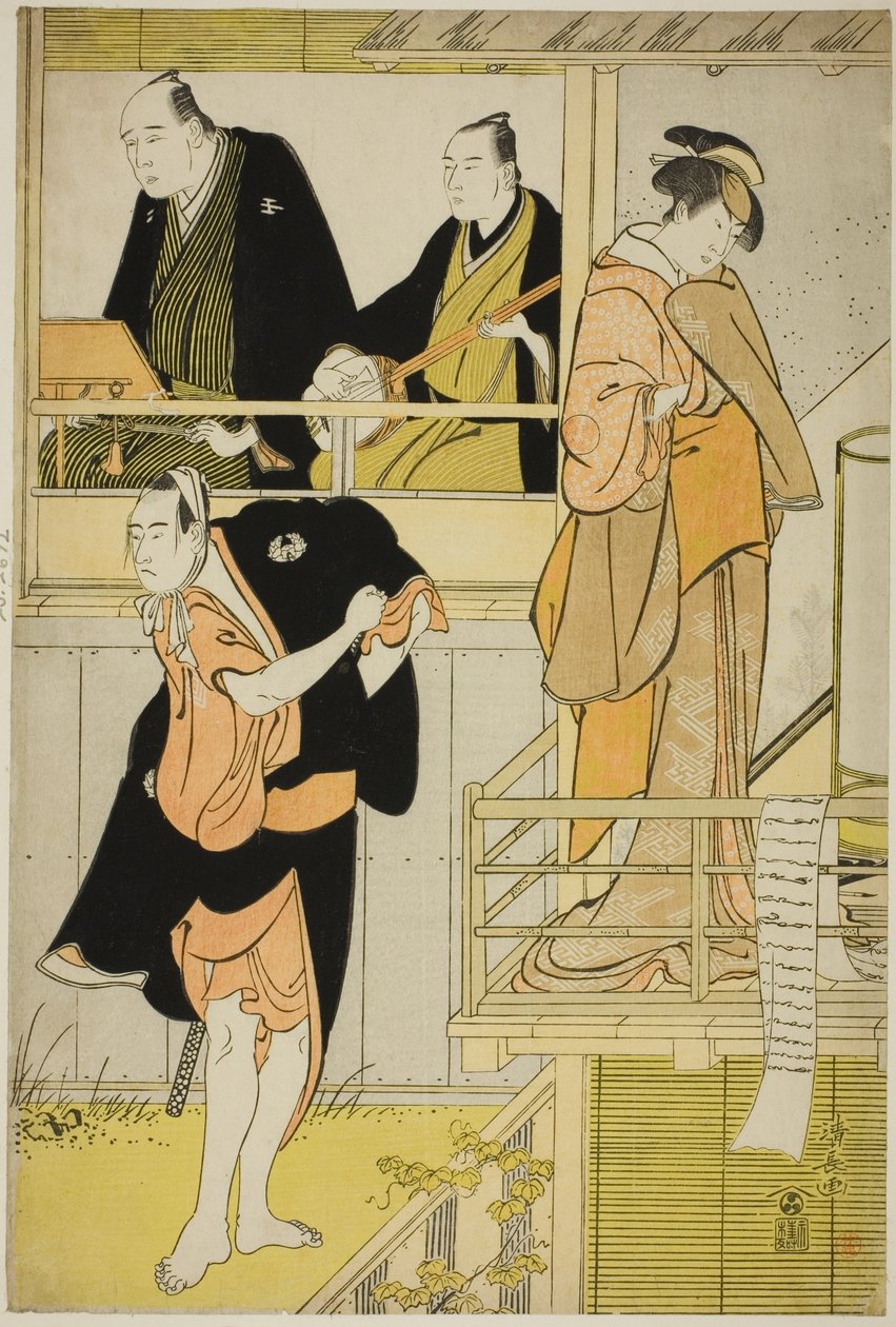 Gli attori Nakamura Riko I come Tanbaya Otsuma e Ichikawa Yaozo III come Furuteya Hachirobei, nel joruri "Sakamachi Yoi no Yotsutsuji," eseguito al Teatro Nakamura nel terzo mese, 1785 da Torii Kiyonaga