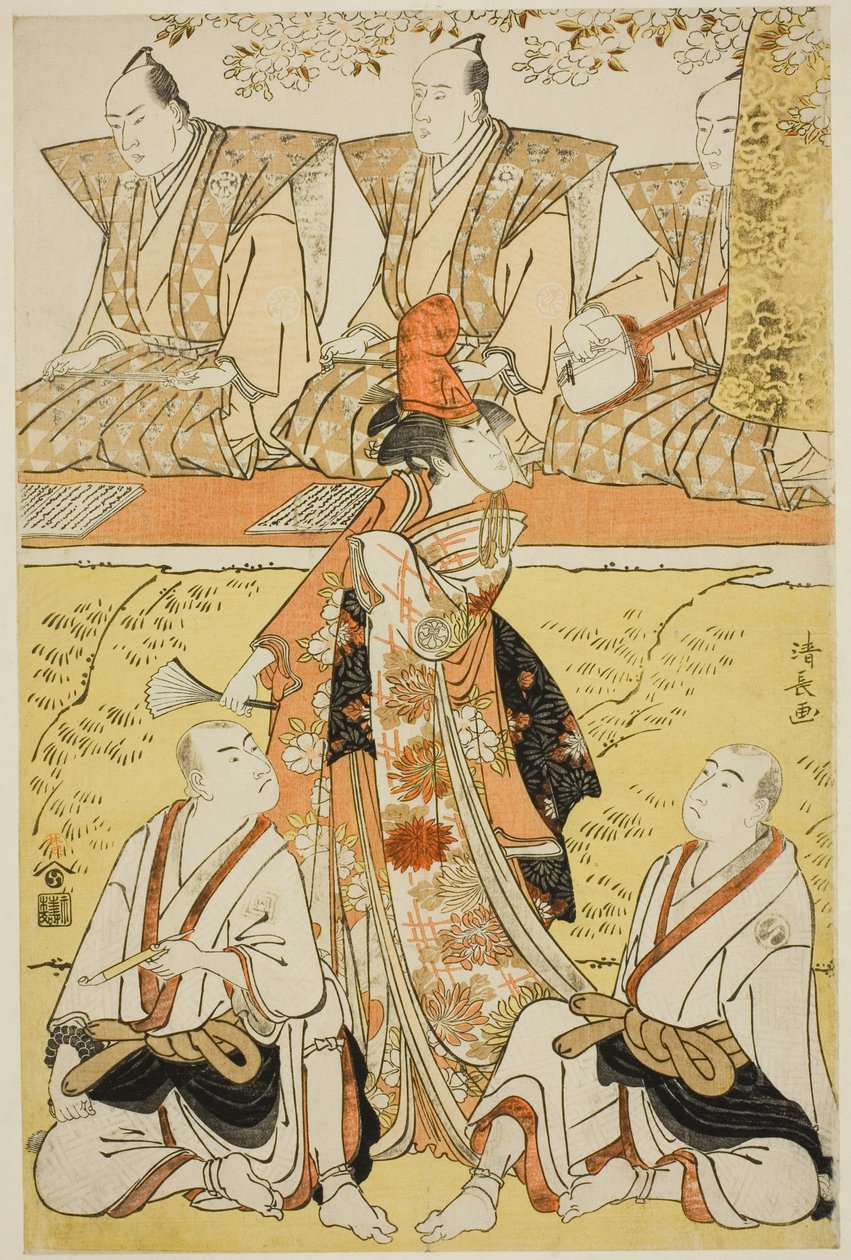 Gli attori Segawa Kikunojo III come Koito, Sawamura Sojuro III come il monaco Sainenbo, e Ichikawa Monnosuke II come il monaco Renseibo, nello shosa "Mata Saku Hana Museume Dojoji," rappresentato al Teatro Nakamura nel quarto mese, 1783 da Torii Kiyonaga