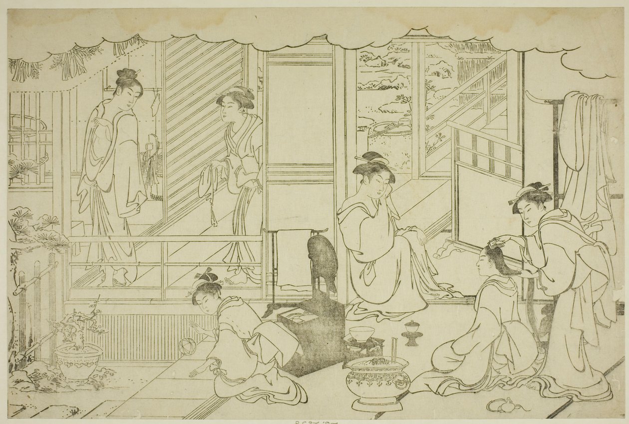 Il primo bagno del nuovo anno (Yudono hajime), dal libro illustrato "Colori della tripla alba (Saishiki mitsu no asa)" da Torii Kiyonaga