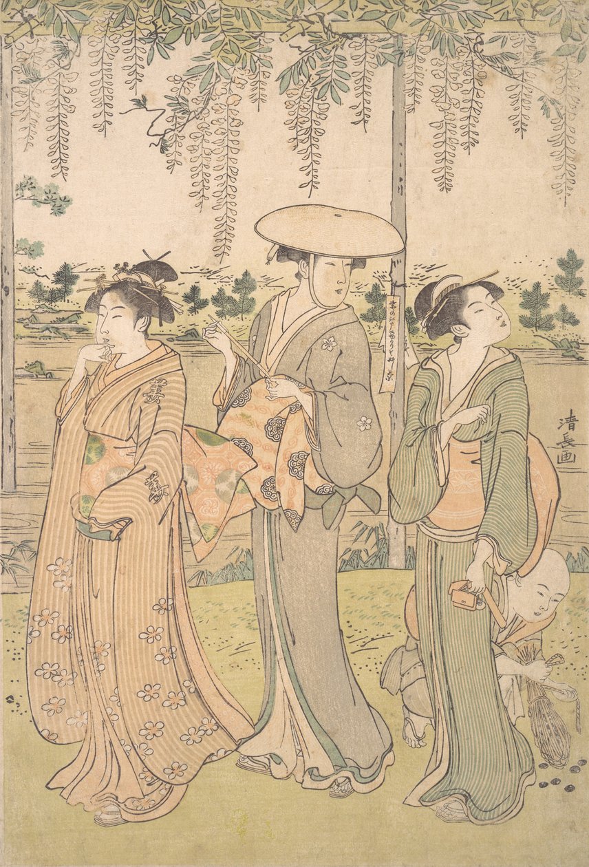 Tre donne e un piccolo ragazzo sotto un pergolato di glicine sulla riva di un ruscello, ca. 1790 da Torii Kiyonaga