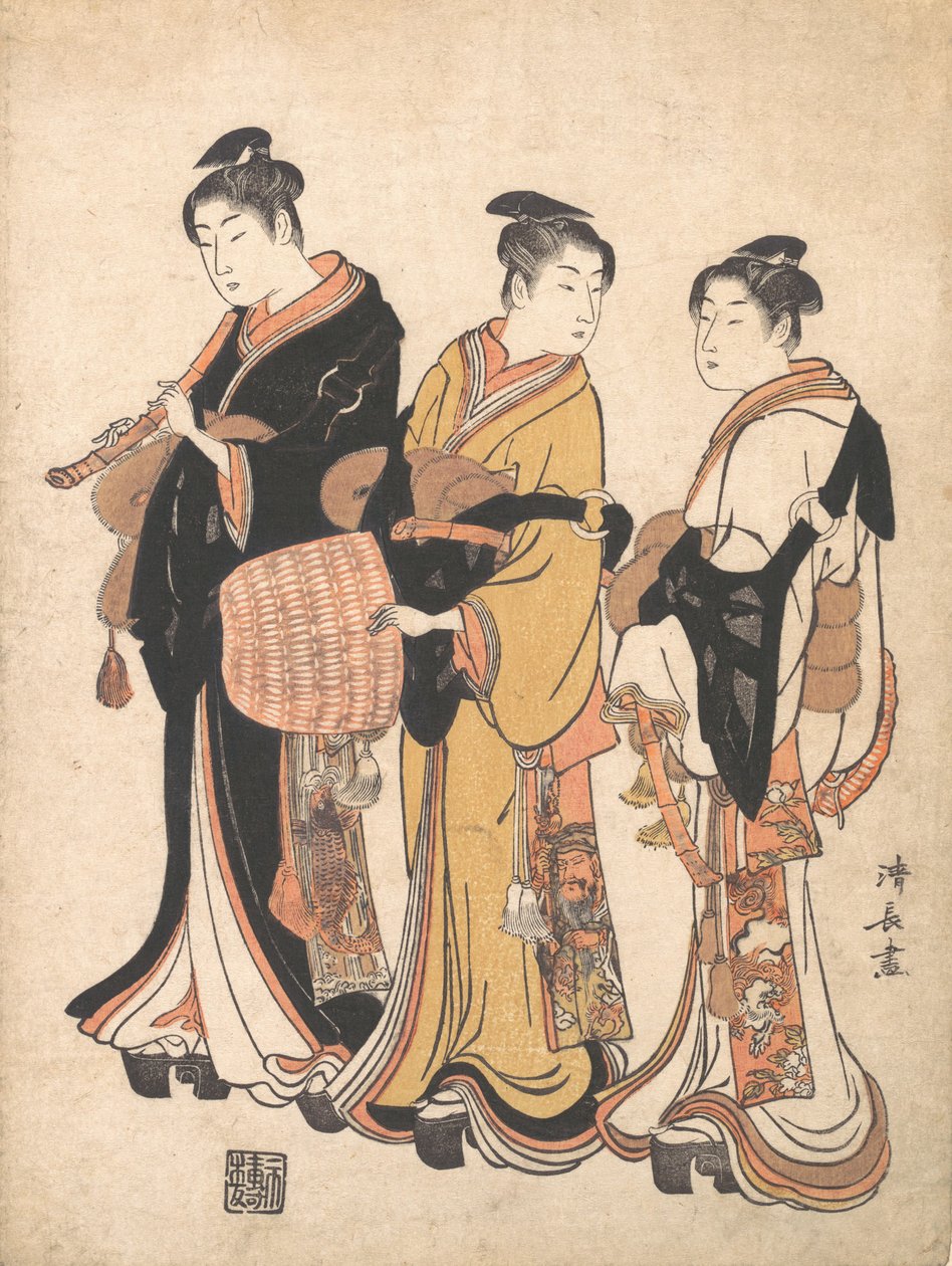 Tre giovani donne che si mascherano da Komuso, menestrelli itineranti da Torii Kiyonaga