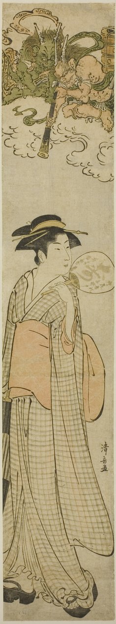 Dei del tuono che sbirciano una bellezza attraverso un telescopio da Torii Kiyonaga
