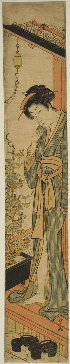 Donna che ammira le glorie del mattino mentre si lava i denti da Torii Kiyonaga