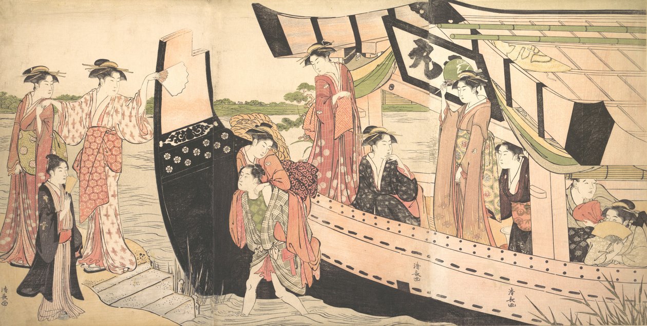 Donne che sbarcano da una barca da diporto sulla riva a Mukojima sul fiume Sumida, ca. 1785 da Torii Kiyonaga
