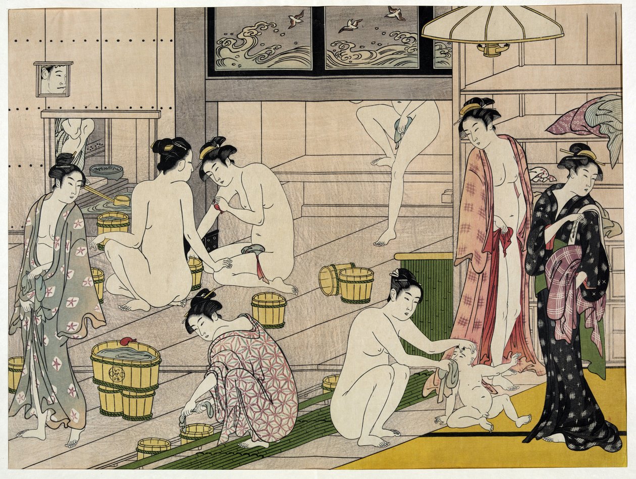 Donne in un bagno pubblico. Stampa giapponese di Torii Kiyonaga (1752-1815), circa 1785. Scuola Torii (ukiyo-e) da Torii Kiyonaga