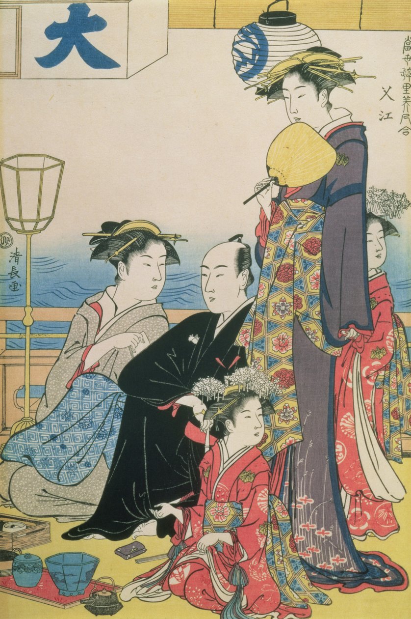 Donne dei Quartieri Allegri, pannello destro di un dittico (stampa a blocchi di legno a colori) da Torii Kiyonaga