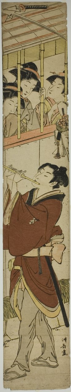 Giovane che suona il flauto mentre tre ragazze guardano da Torii Kiyonaga