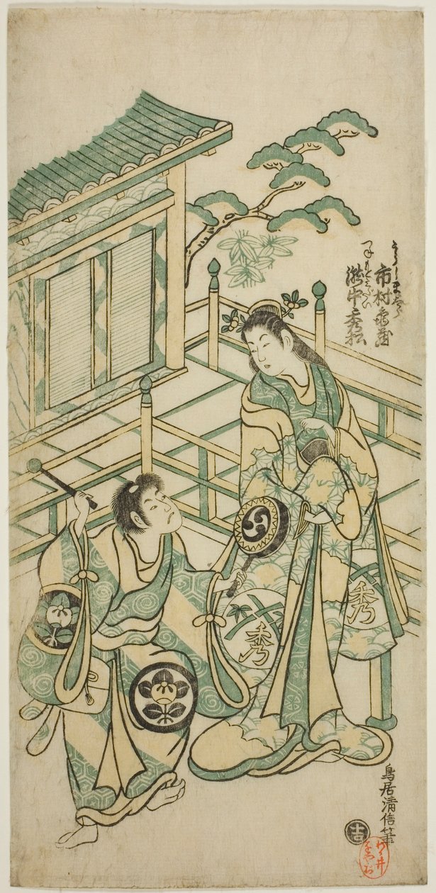 Gli attori Ichimura Kamezo I nel ruolo di Urashima Taro e Takinaka Hidematsu I nel ruolo di Kanemoto Gozen nell