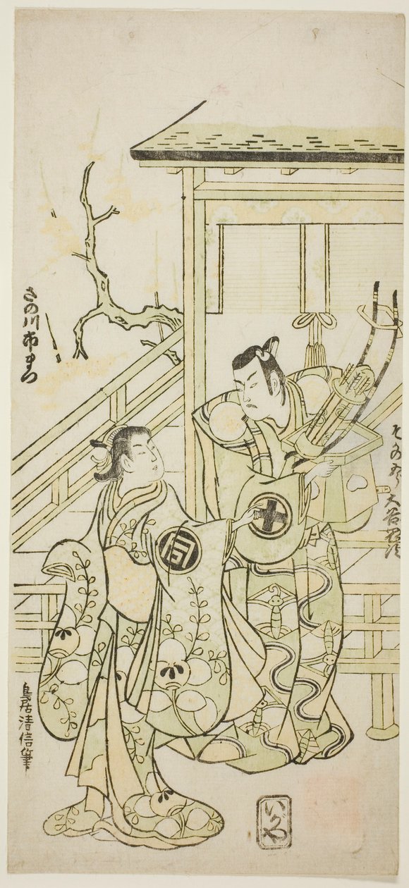 Gli attori Otani Oniji I come Soga no Goro e Sanogawa Ichimatsu I come la sorella di Yoshinaka nella commedia "Fuji no Yuki Mitsugi Soga," rappresentata al Teatro Nakamura nel primo mese, 1746 da Torii Kiyonobu II