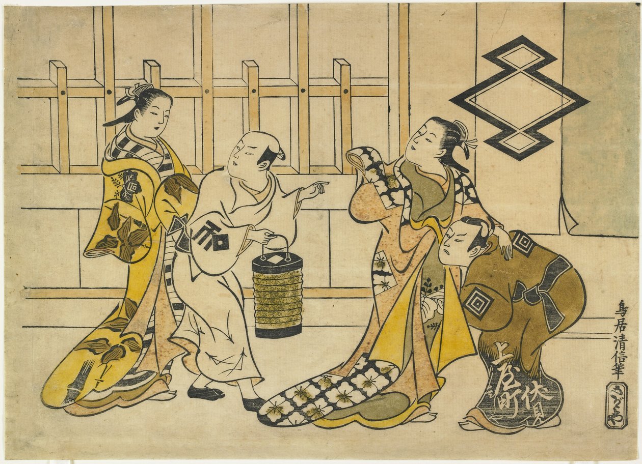 Ichikawa Danjuro II, Fujimura Handayu II, Katsuyama Matagoro, e Sanogawa Mangiku, 1719 da Torii Kiyonobu I Torii Kiyonobu I