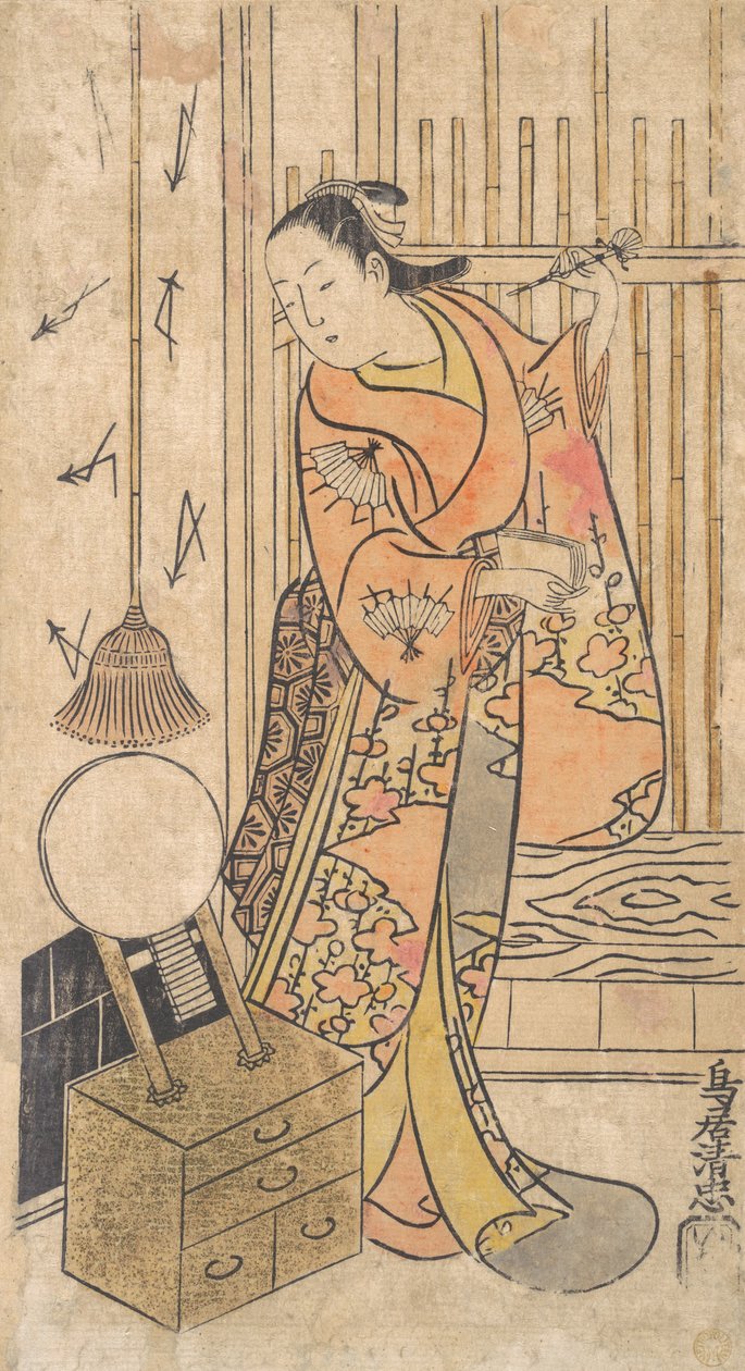Attore come donna in piedi vicino a uno specchio, ca. 1735 da Torii Kiyotada