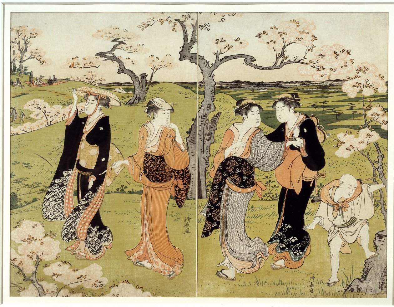 Picnic sotto i fiori di ciliegio ad Assaakayama. Stampa giapponese di Torii Kiyonaga (1752-1815), stile Ukiyo-E da Torii Kuyonaga