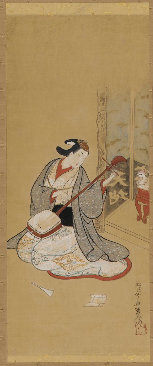 Un attore in abito femminile che suona un samisen, periodo Edo, metà-fine XVIII secolo da Toriyama Sekien