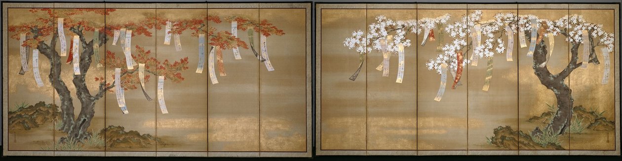 Ciliegi in fiore e aceri autunnali con poesie da Tosa Mitsuoki
