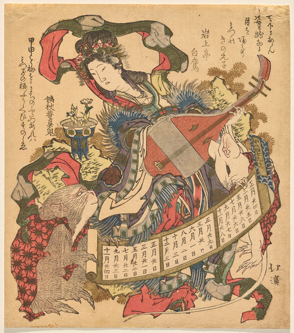 Benzaiten che suona il biwa con scimmia e ratto bianco da Totoya Hokkei