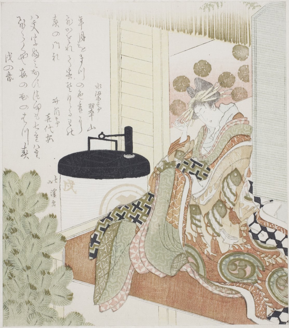 Cortigiana seduta su una veranda accanto a una lanterna da Totoya Hokkei