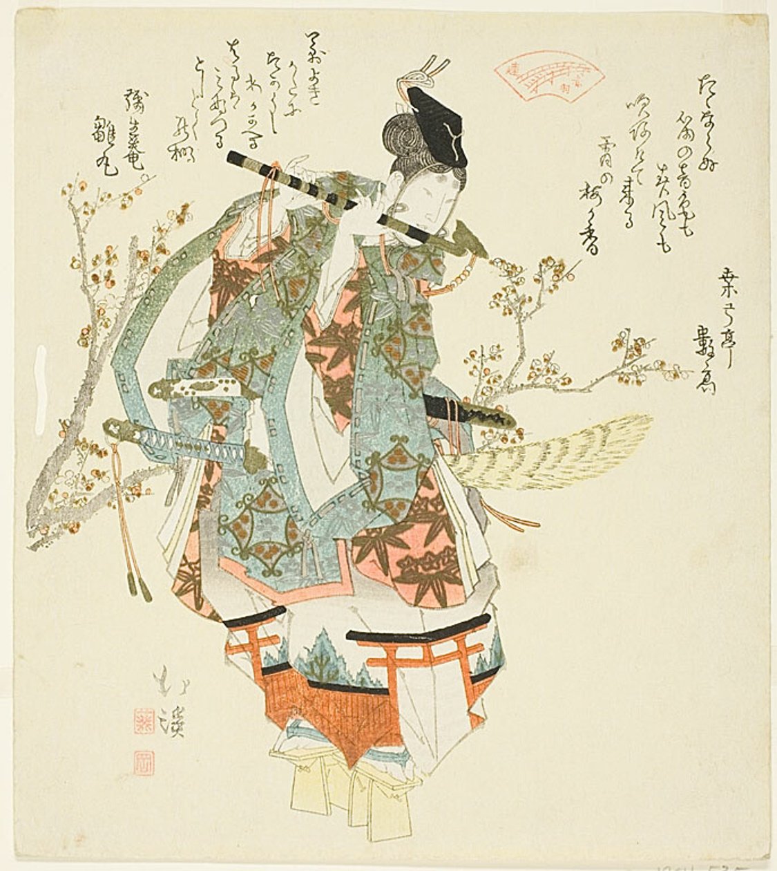 Minamoto no Yoshitsune (Ushiwaka Maru) che suona un flauto da Totoya Hokkei