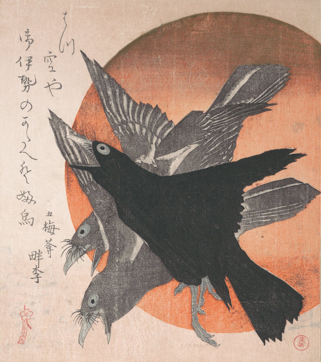Tre Corvi contro il Sole Nascente, dalla serie Tre Fogli Mihira no uchi, metà 1810 da Totoya Hokkei