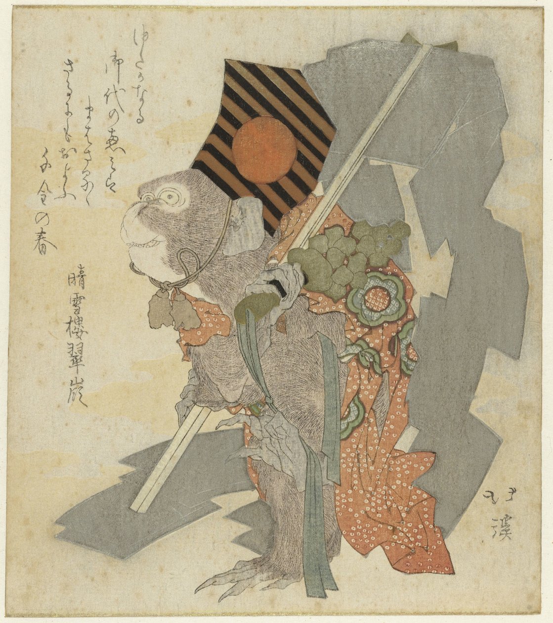Scimmia addestrata che si esibisce con campanelli e Gohei da Totoya Hokkei