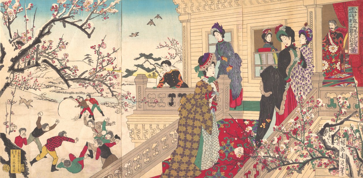 Bambini che Giocano nella Neve sotto Prugni in Fiore, 1887 da Toyohara Chikanobu