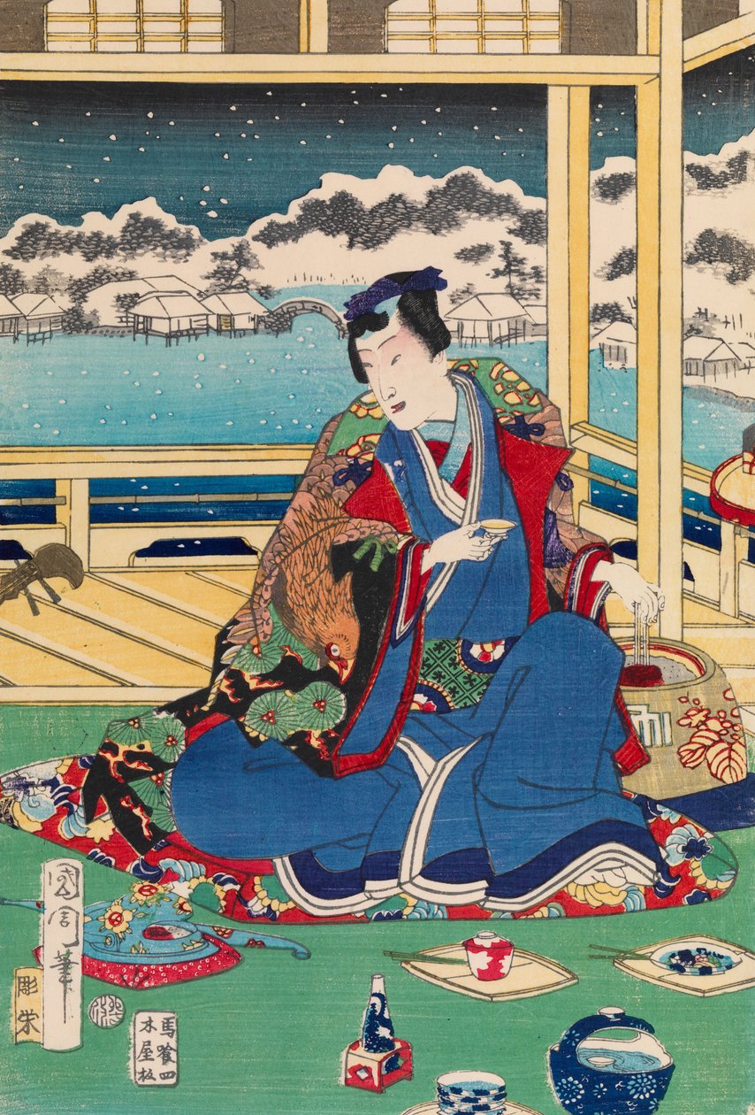 Genji osserva la neve da un balcone da Toyohara Kunichika