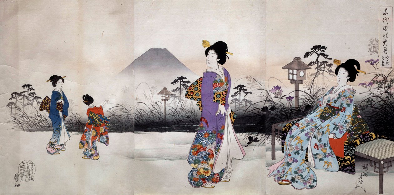 Donne giapponesi che camminano davanti al Monte Fuji, stampa giapponese di Toyohara Chikanobu (1838-1912) 1896 Collezione privata da Toyohara Chikanobu