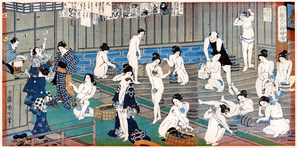 Scena della casa da bagno, una stampa di Toyohara Kunichika, XIX secolo da Toyohara Kunichika