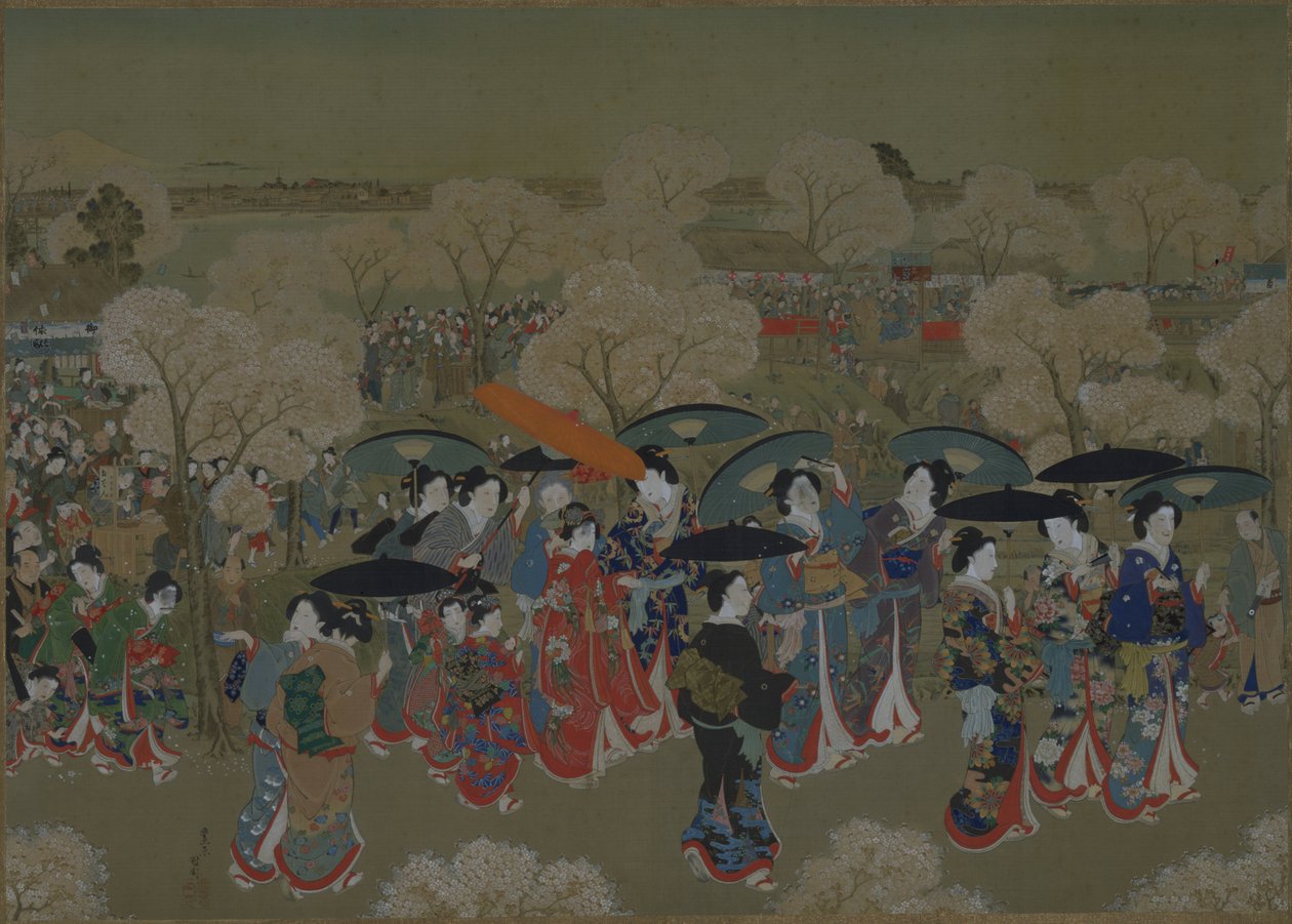 Bellezze che ammirano i ciliegi in fiore sul fiume Sumida da Toyohara Kunichika