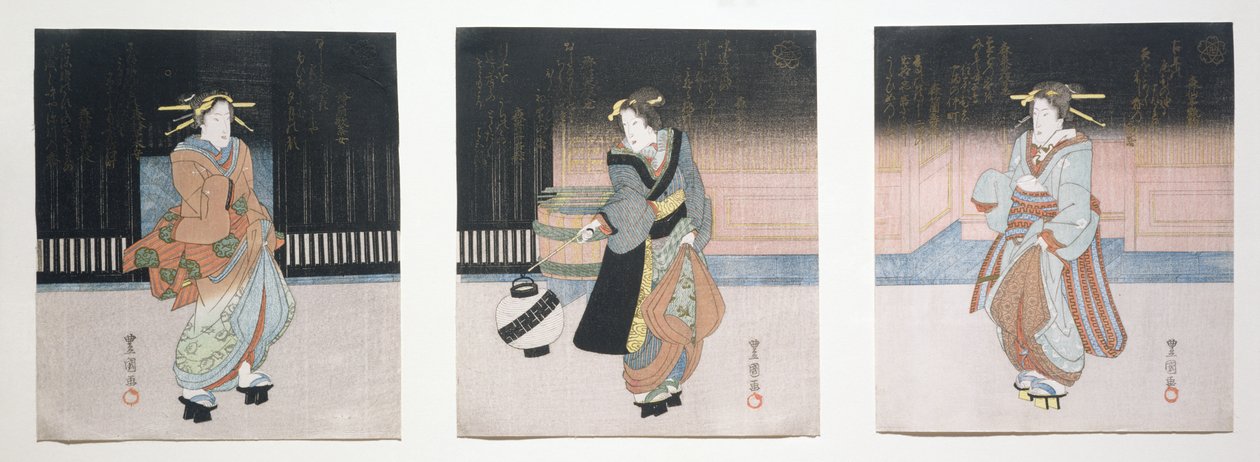Geisha di notte, trittico, 1818-30 da Toyokuni II