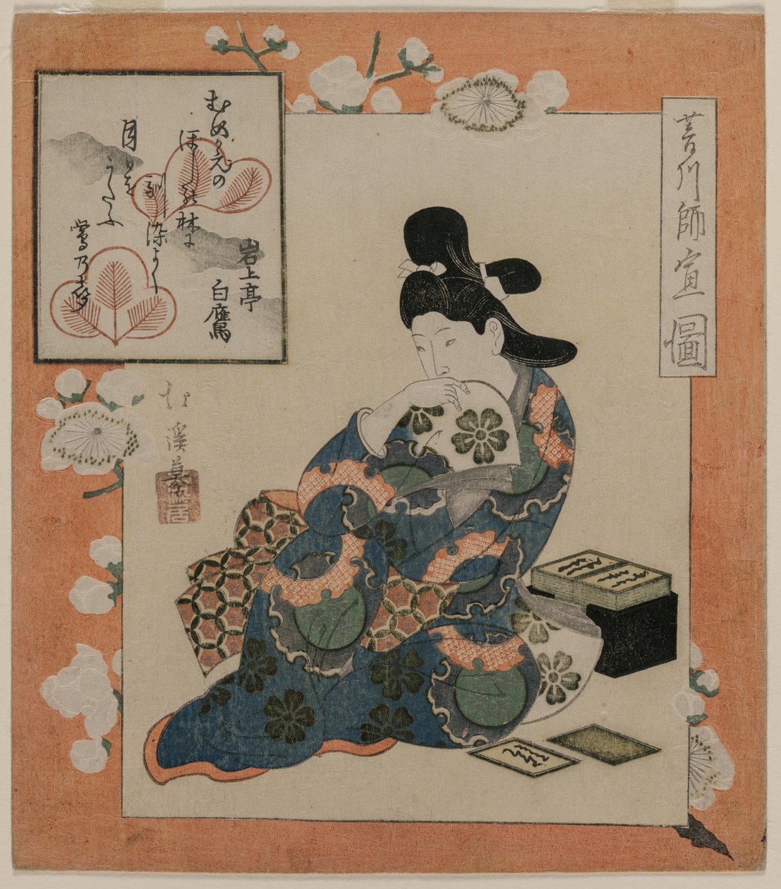 Una pittura di Hishikawa Moronobu: Donna con un set di carte di poesie, metà 1820 da Toyota Hokkei