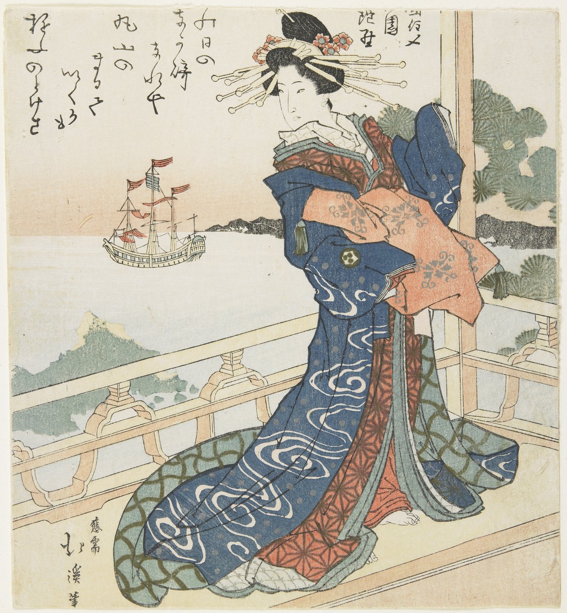 Cortigiana che guarda una nave straniera, 1818-1844 da Toyota Hokkei