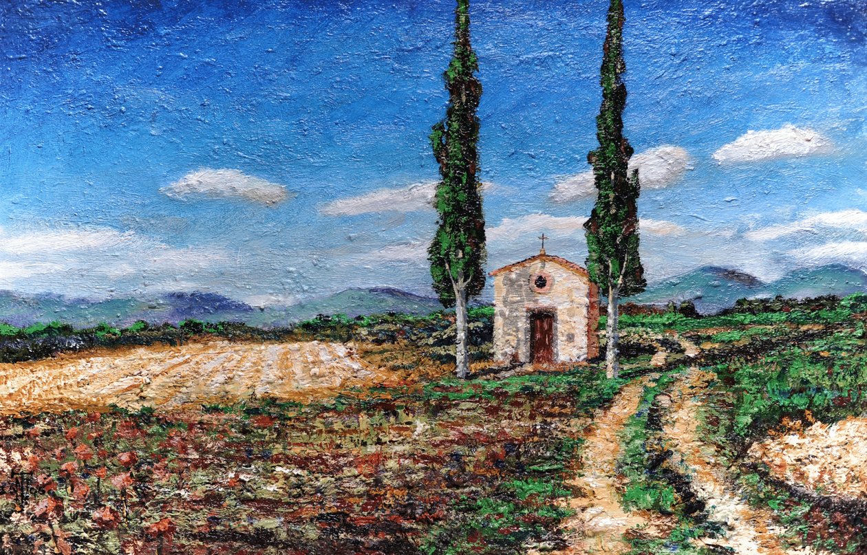 Cappella e due alberi, Toscana, 2005 da Trevor Neal