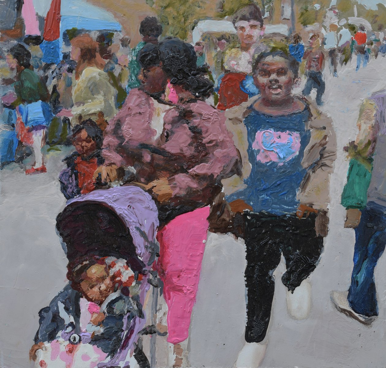 Shopping in famiglia (Deptford, Londra), 2018 (olio su tavola) da Trevor Burgess