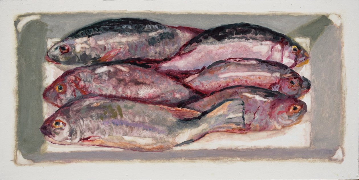 Cassa di pesce 1 (Billingsgate, Londra), 2016 (olio su tavola) da Trevor Burgess