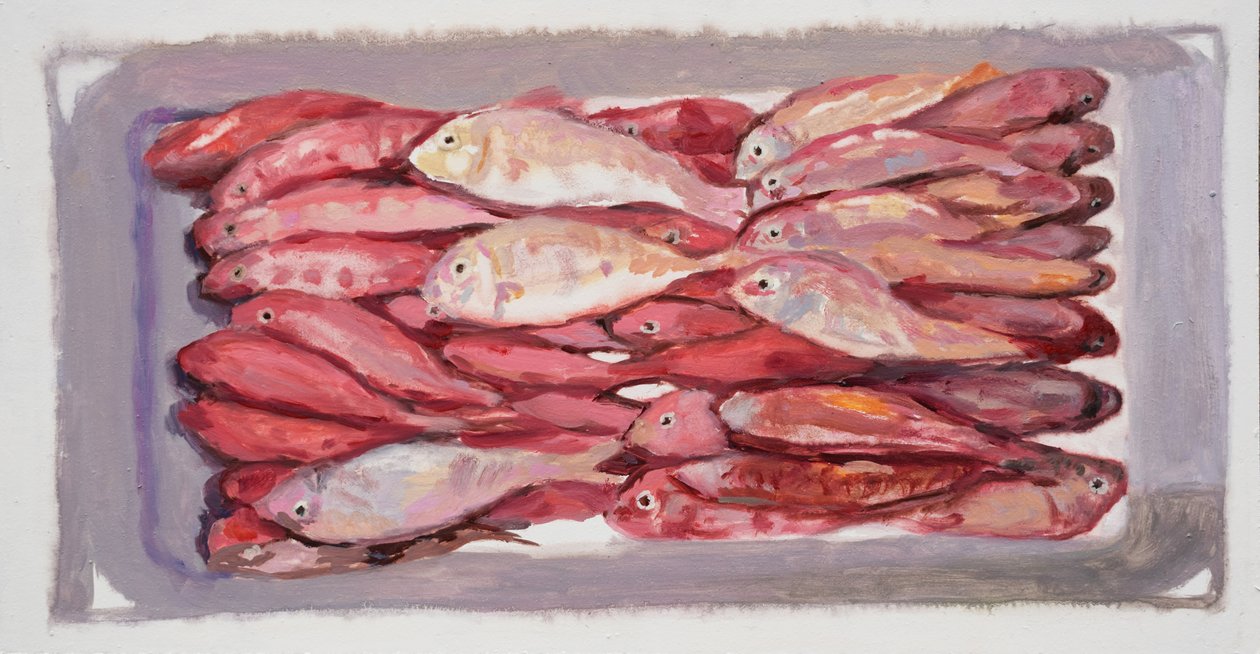 Cassa di pesce 4 (Billingsgate, Londra), 2016 (olio su tavola) da Trevor Burgess